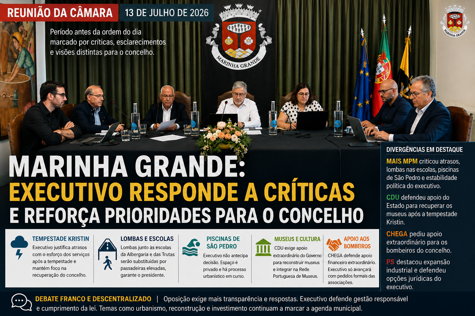 Reunião da Câmara da Marinha Grande marcada por críticas à gestão do executivo e divergências sobre urbanismo, segurança e investimentos